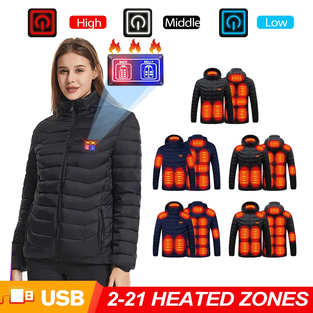 

Self Heated Jacket Men Women Cold-Proof Winter Jacket Skiing USB Heated Clothing Hiking Vests Coats 2-21 Areas S-6XL Washed