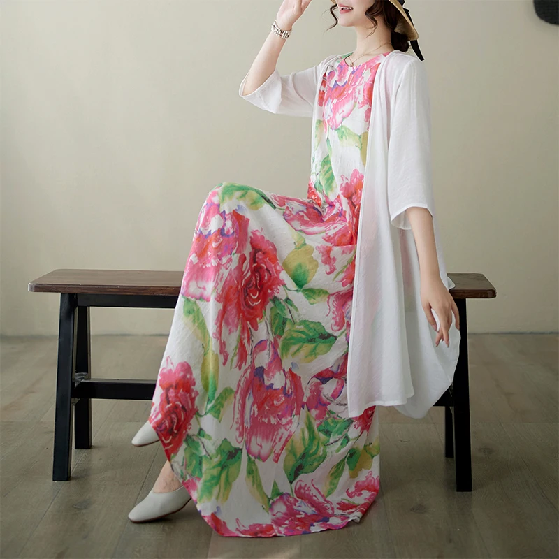 

Летнее женское платье миди без рукавов с круглым вырезом из тонкого хлопка и льна, свободного кроя, в пляжном стиле, повседневное, в нежном стиле, длинное платье-кардиган