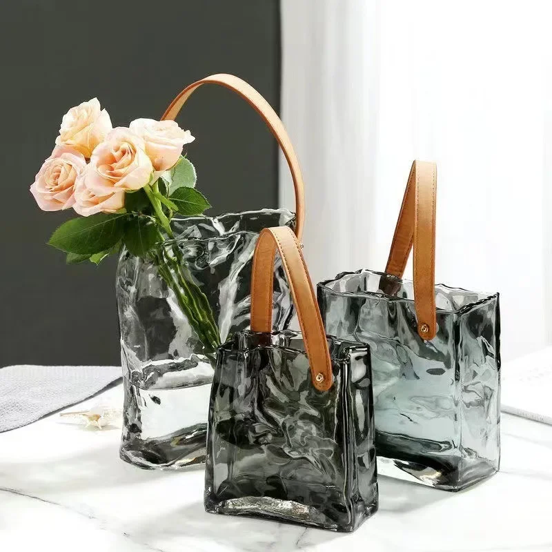 Creative net red belt handbag glass vase flowers green plants hydroponic flower arrangement living room decoration glass vase