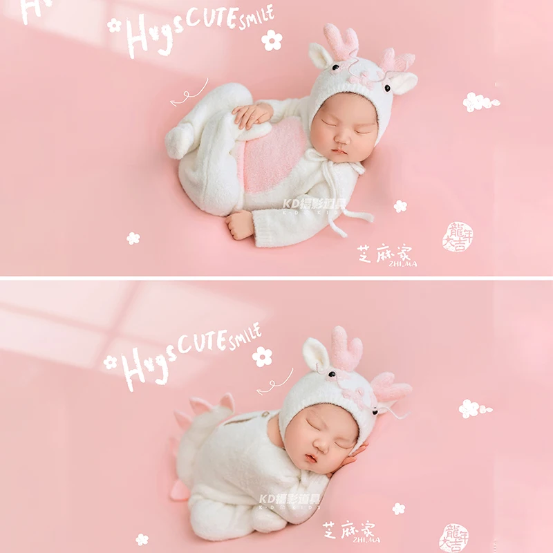 Dragon Outfit For Newborn Photo Knitted Dragon Hat Long Sleeve Jumpsuit Baby Girl Photography Clothes Pink Backdrop Blanket Prop