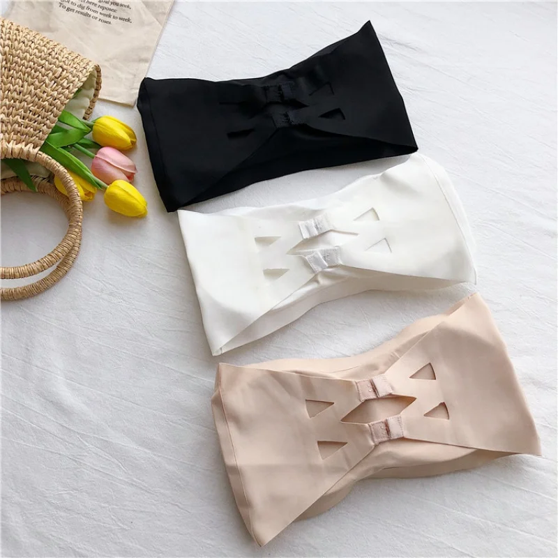 Strapless Bra and Undershirt Strapless Tube Top Seamless Ice Silk Back Shaping Wrapped Chest Women's Anti-Exposure Invisible Bre