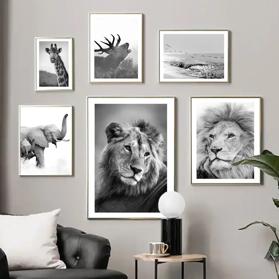 Classic Vintage Wall Art Black White Lion Elephant Tropical Animals HD Canvas Print Poster Home Living Room Bedroom Decoration