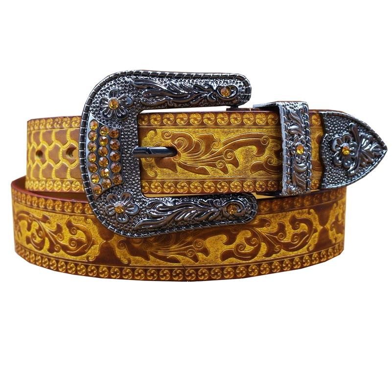 

Fashion Flower Embossed Leather Men Belt Retro Flower Zinc Alloy Pin Buckle Women Belt for Jeans