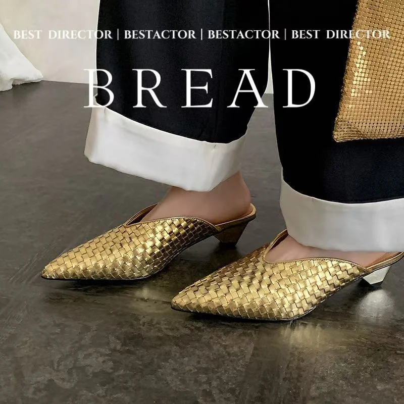2026 new summer women sandals natural leather plus size 22-26cm weave cowhide+pigskin pointed toe mules high heel women slippers