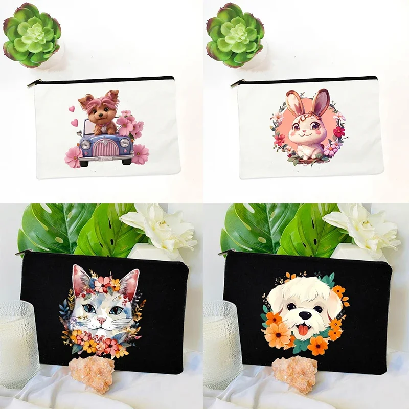 Cute Floral Cat Puppy Cosmetic Pouch Kawaii Animal Travel Cosmetic Bag Organizer Birthday New Year Gift for Girls Pencil Cases