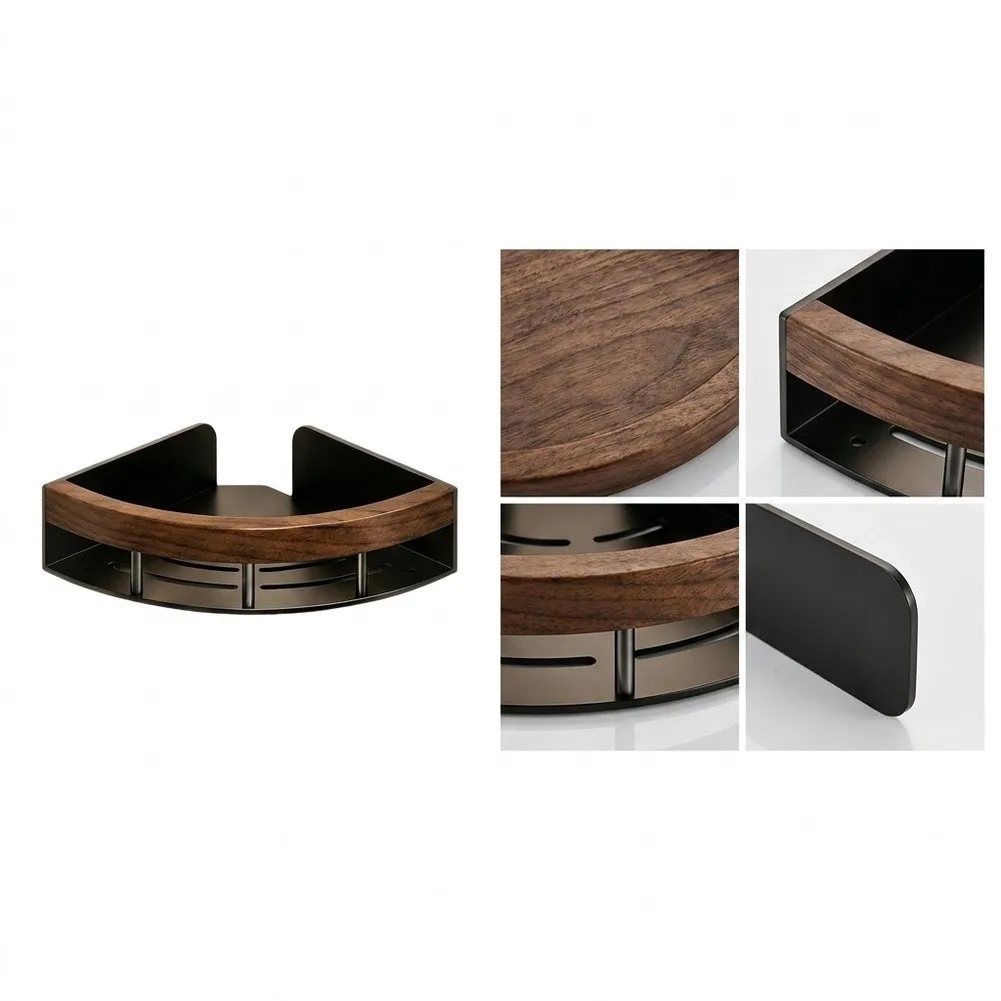 Modern Corner Storage Solution for Bathroom with Black Walnut Wood Shelf and Stainless Steel Frame 33x23.6x8cm