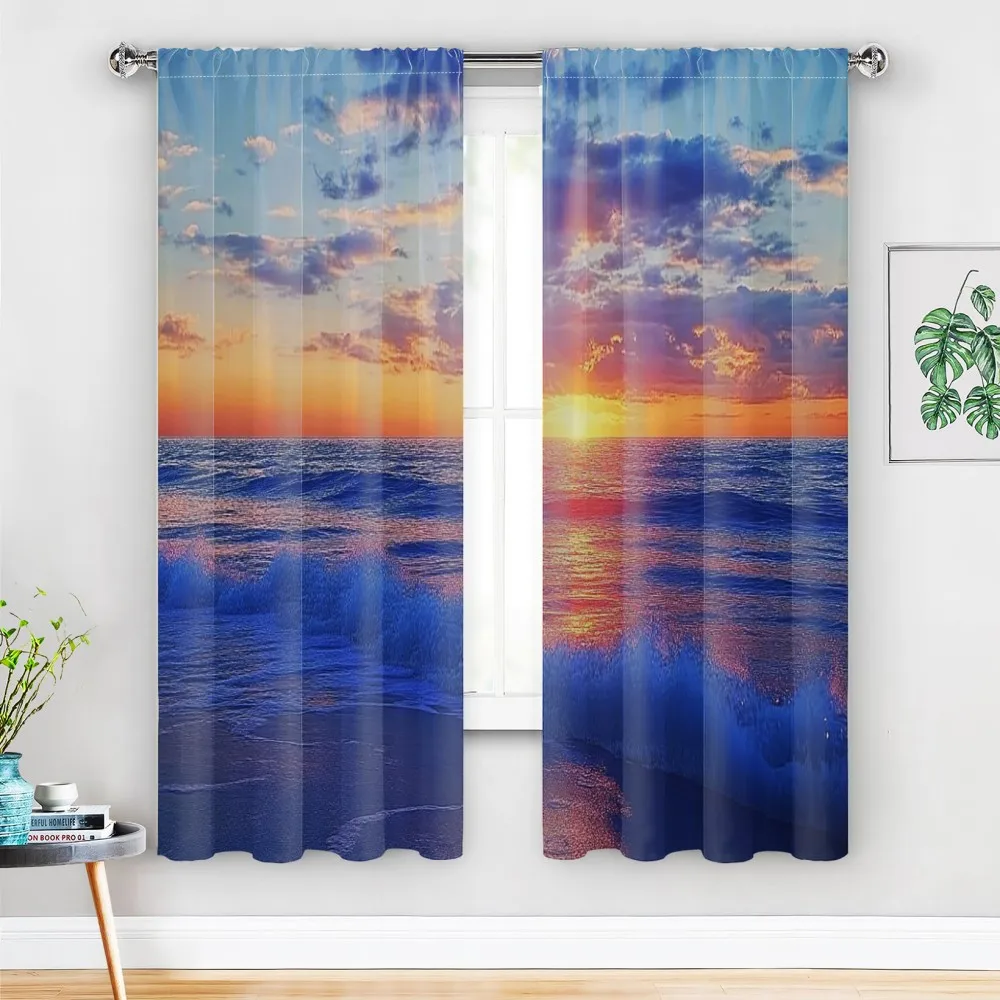 2pc Beach Theme Curtains – Sunset & Waves Design, Classic Style for Living Room, Bedroom & Laundry Room – Coastal Home Decor