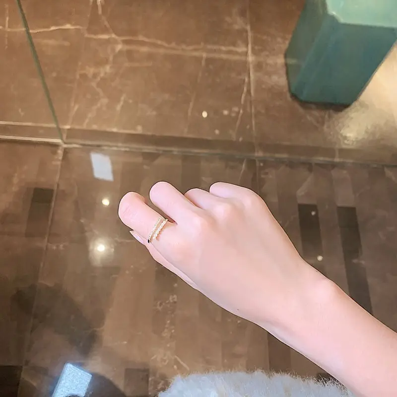 Light Luxury Micro Rhinestone Rings for Woman Gold-color Elegant Simulated Pearl Open Ring Party Wedding Stackable Ring Jewelry image 4