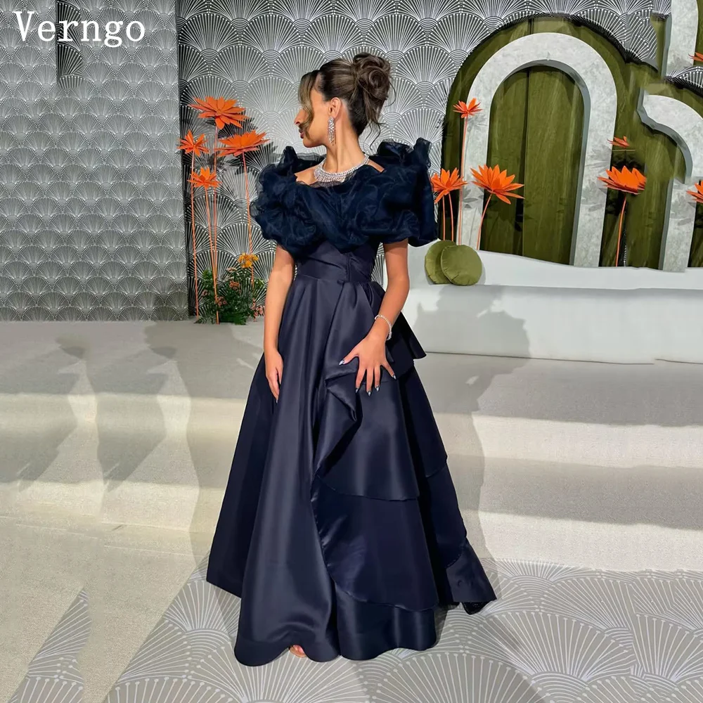 Verngo Navy Blue Satin Evening Dress Off The Shoulder A Line Prom Gown Simple Elegant Arabic Prom Party Dresses Customized
