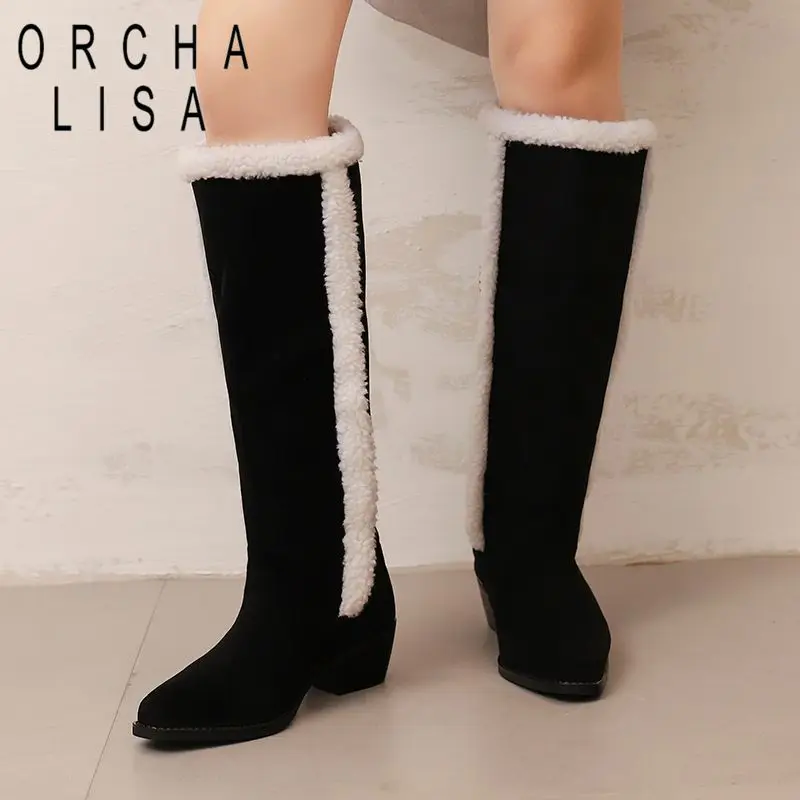 

ORCHA LISA 2025 Flock Suede Women's Knee High Boots Round Toe 4.5cm Chunky Heels Plush Warm Plus Size 42 Winter Tall Booties