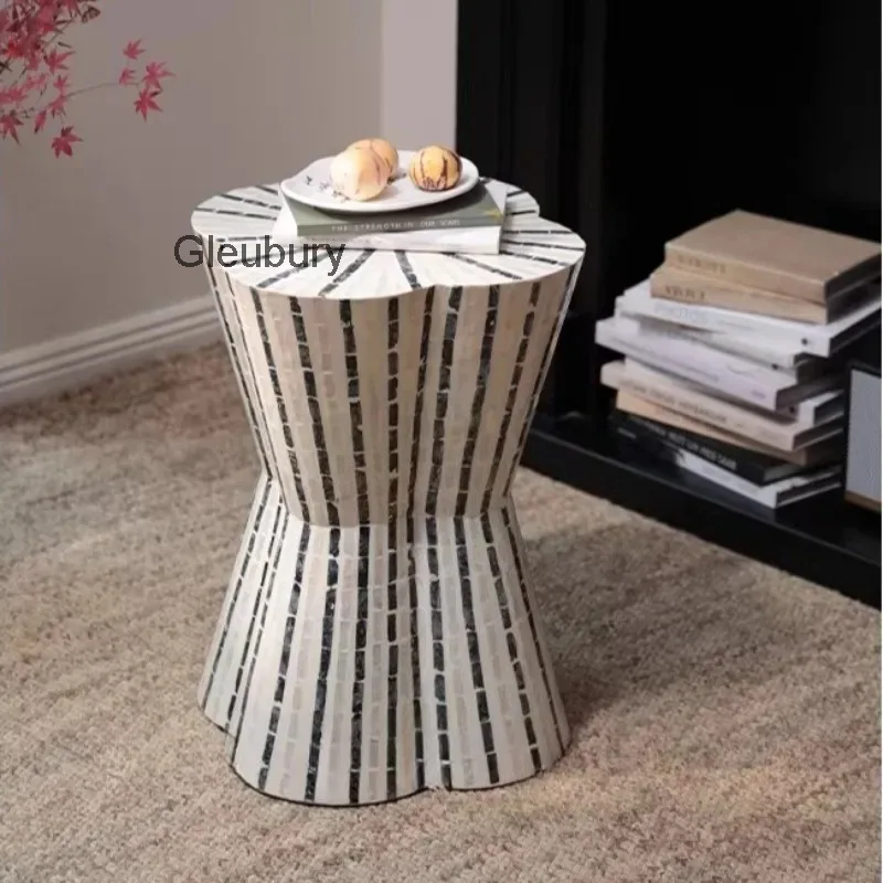 Boho Striped Mosaic Inlay Hourglass Side Table, Handcrafted Scalloped Edge Accent Table for Living Room & Bedroom