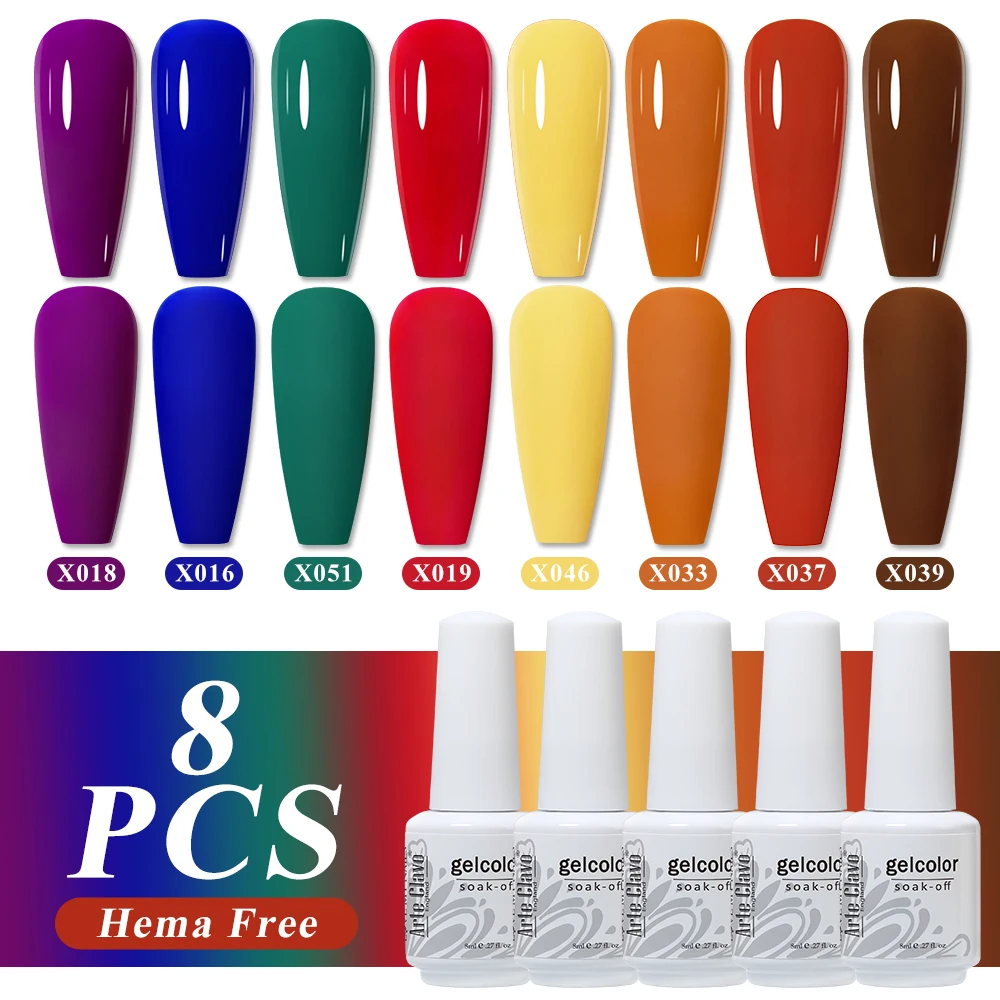 Arte Clavo 8Pcs/Set HEMA FREE Gel Nail Polish Set 60 Colors Semi Permanent Varnish Base Top Coat Soak Off UV LED Nail Art Kits