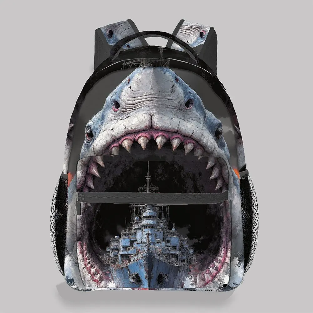 Giant Shark Eating Warship Print Backpack Cool Ocean Animal Pattern School Bag Lightweight Casual For Teens Students Travel Use