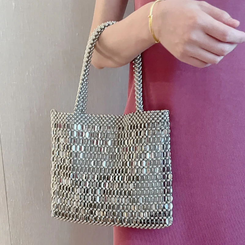 Retro Shining Women's Bag New Retro Metal Shining Beaded Small Special Tote Bag Shining Piece Single Shoulder Handbag