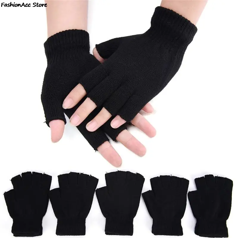 Fashion Black Short Half Finger Fingerless Wool Knit Wrist Glove Winter Warm Workout For Women Men