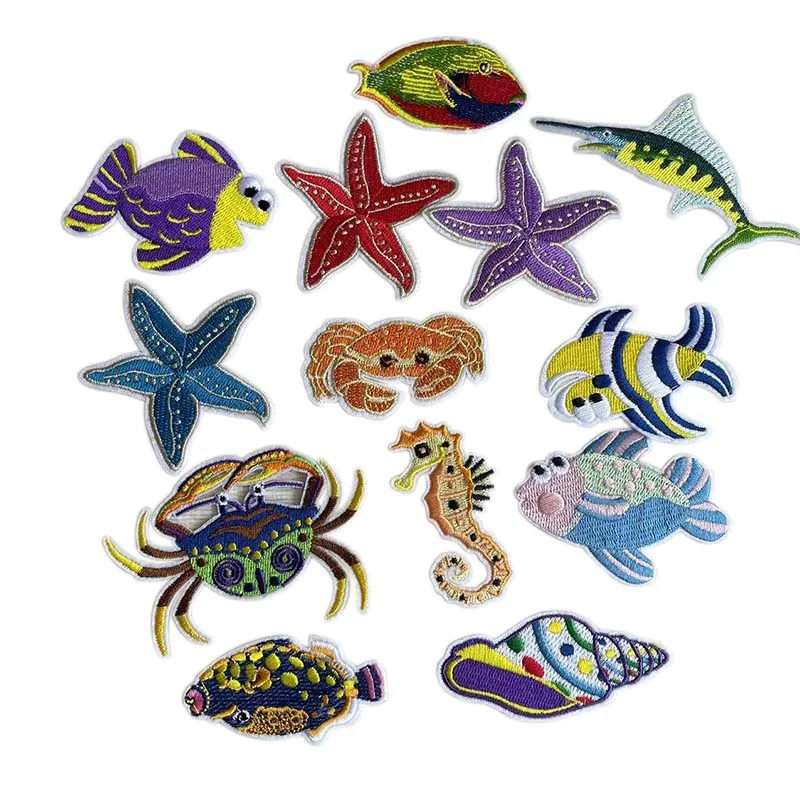 5PC,13PC Underwater World Animals,Cartoon Starfish,Shark,Seahorse Fabric Applique Embroidery Iron On Patches,DIY Sewing Supplies