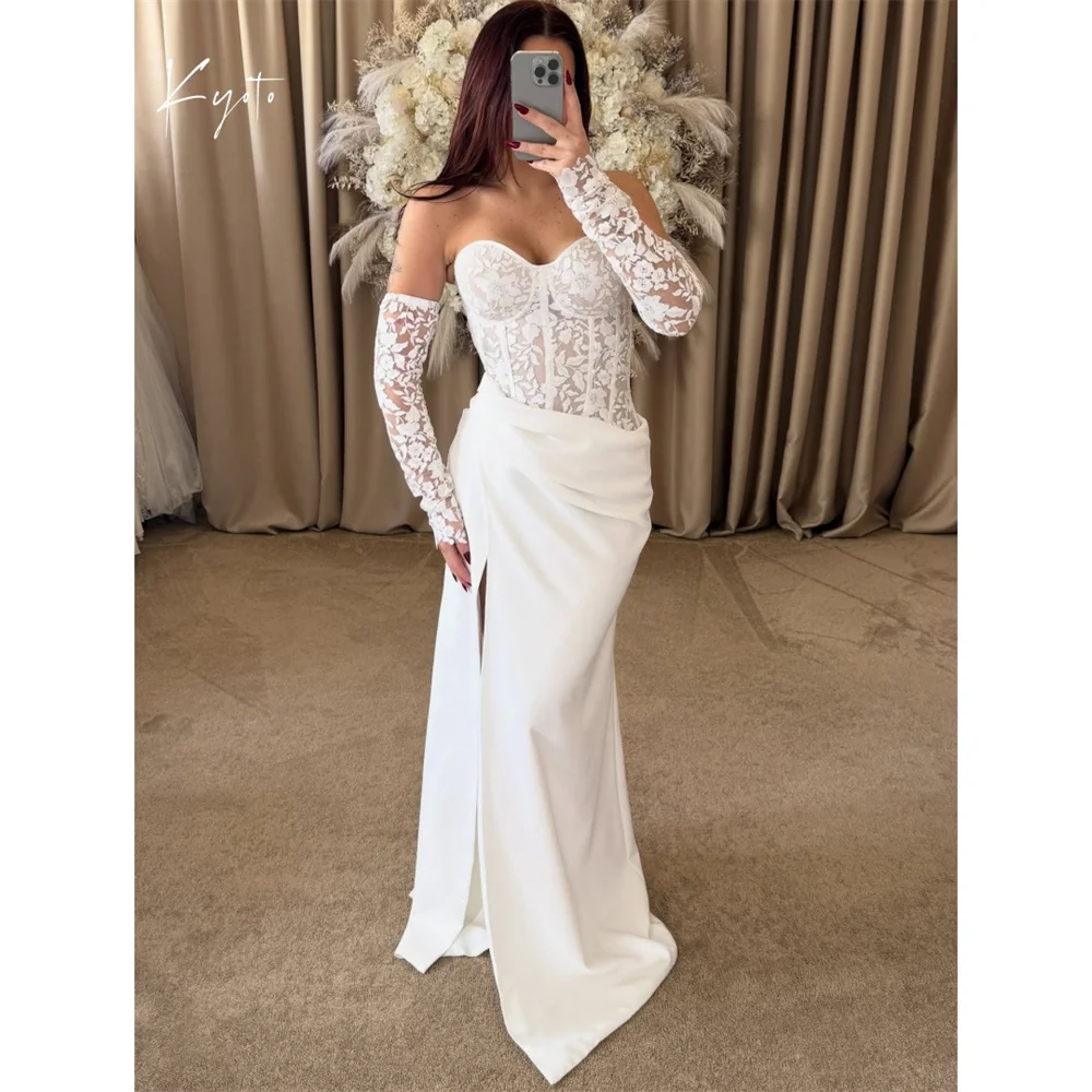 فستان زفاف كيوتو مخصص باللون الأبيض بدون حمالات من الدانتيل حورية البحر أنيق بدون أكمام من فيستدوس دي نوش بطول الأرض للسهرات الرسمية