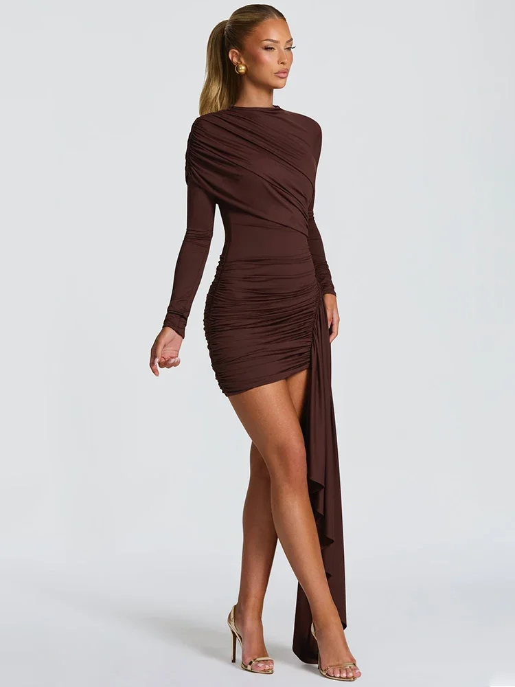 Long Sleeve Draped Ruched Sexy Mini Dress Women Gown Elegant O Neck High Waist Bodycon Club Party Dresses Female