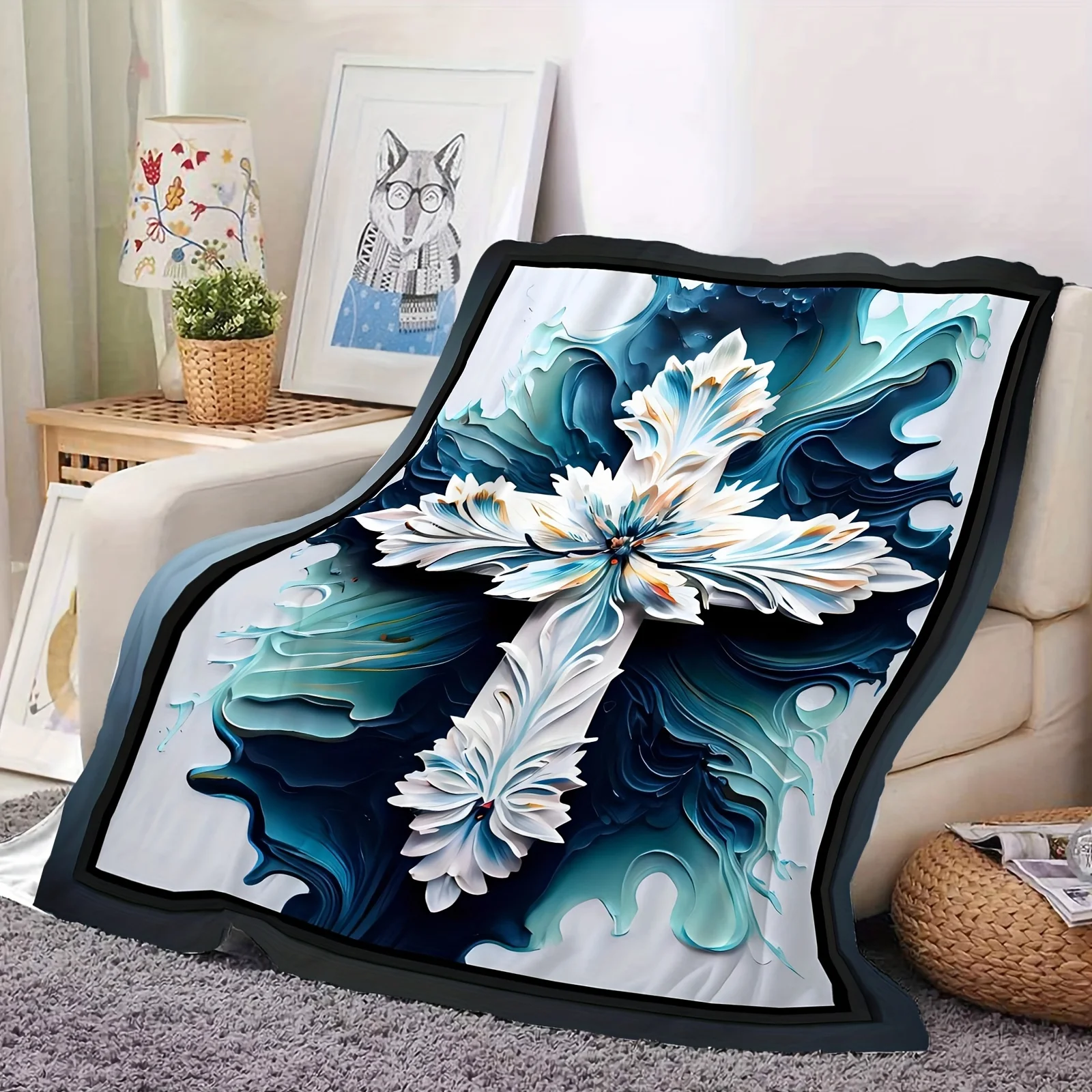 A Floral Cross-print Aesthetic Blanket, a Soft and Warm Throw Blanket for Naps, Suitable for Sofas, Offices, Beds, Camping, and