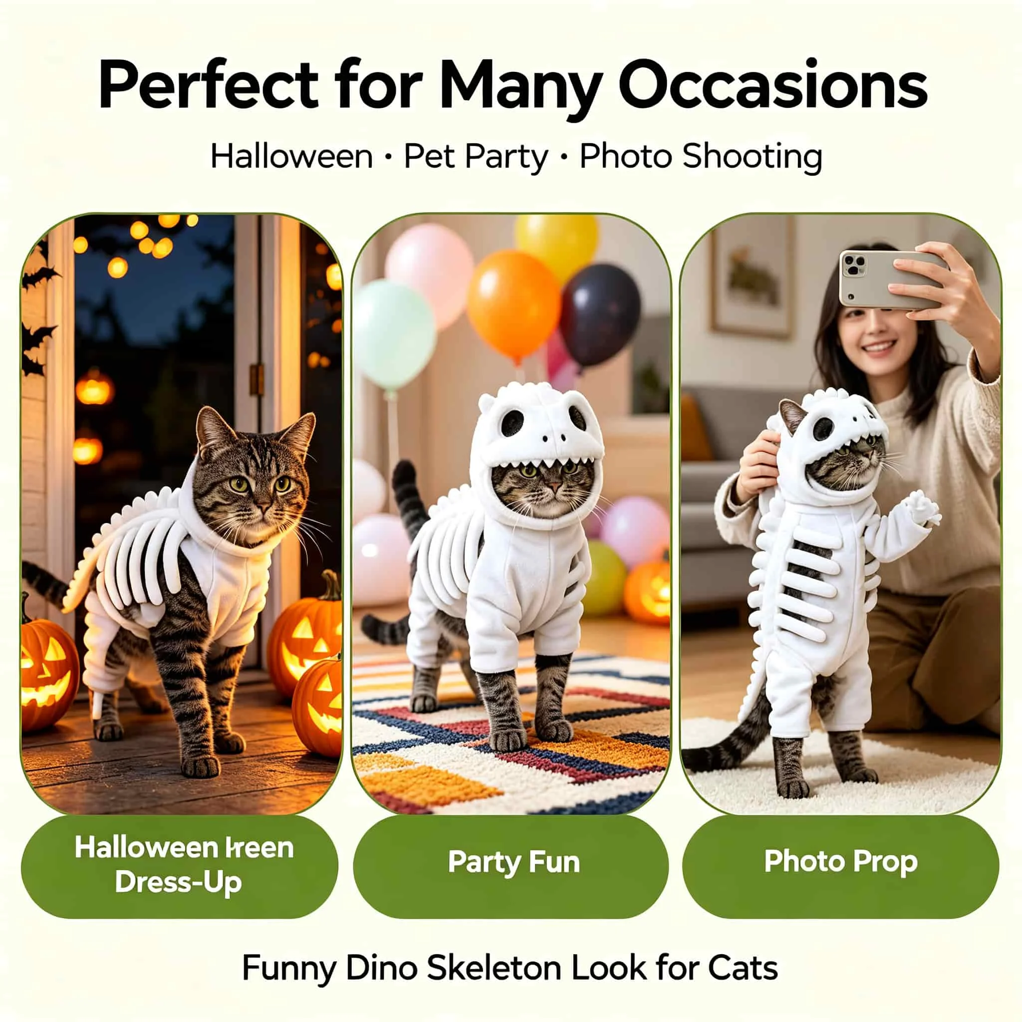 Halloween Dinosaurier-Skelett-Katzenkostüm, leuchtet im Dunkeln, Plüsch-Kapuzen-Cosplay-Outfit für kleine und mittelgroße Katzen, lustiges Party-Foto-Requisit – Detail 9