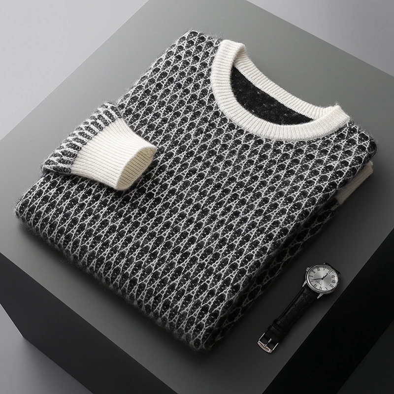 

Autumn Winter New Jacquard Thickened 100% Pure Cashmere Sweater Men's Round Neck Base Shirt Loose Knitted Wool Sweater