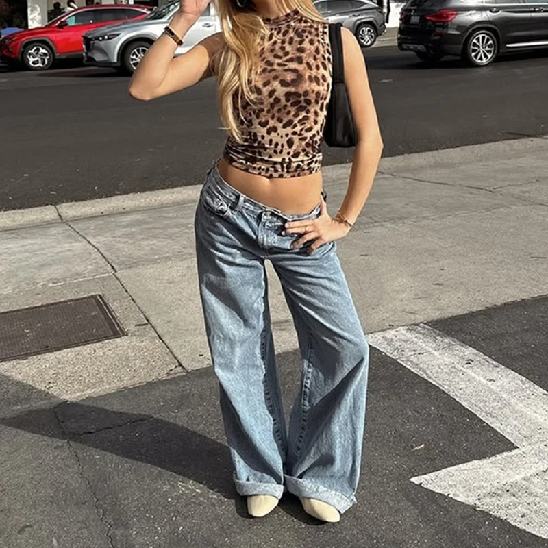 BKLD Luipaardprint Ronde Kraag Mouwloos Slim Fit Mode Ruches Tanktops Zomer Sexy Casual Straat Vakantiekleding Hottie Y2K