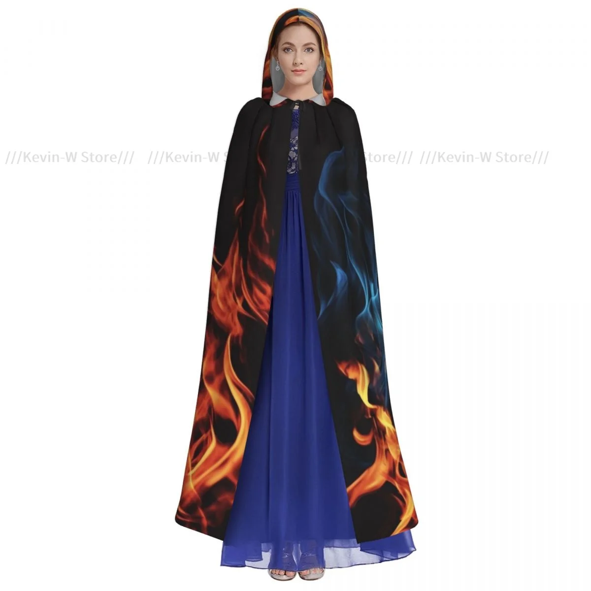 Long Cape Cloak Blazing Blue Fire Hooded Cloak Coat Autumn Hoodies