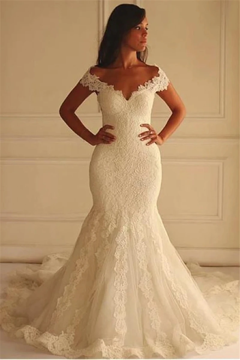 

Vintage Full Lace 2024 Ivory Wedding Dresses Mermaid Off The Shoulder Women Bridal Gowns Sweep Train Plus Size Marriage Outfits