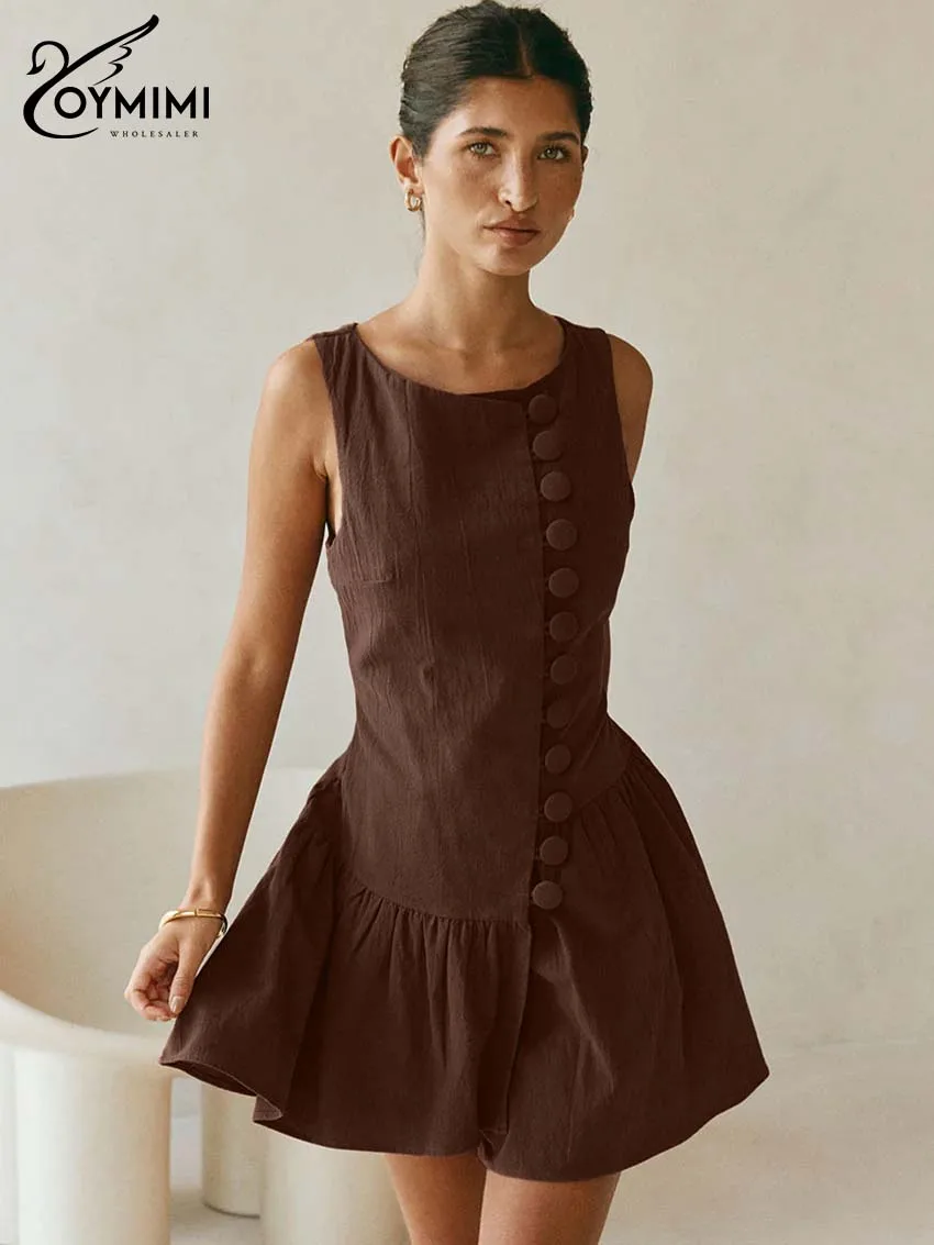 فساتين Oymimi Fashion من القطن البني للمرأة أنيقة برقبة دائرية بدون أكمام فساتين واحدة الصدر للخريف فستان قصير بطيات للسيدات