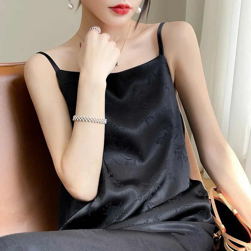 에일리 아세테이트 새틴 스트랩 드레스 여성용 베이스 롱 드레스 여름 섹시 출퇴근 라운드 넥 루즈 웨이스트 노 슬리브 A라인 스커트