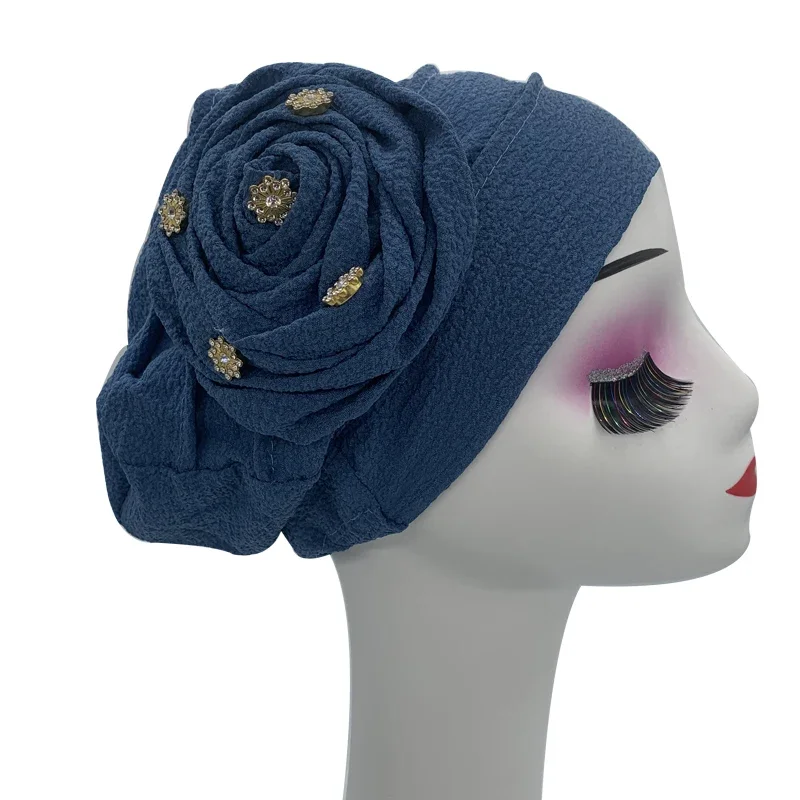 Elegante chapéu turbante com flor rosa para mulheres, chapéu muçulmano, gorro elástico, envoltórios femininos, gorro para senhora, perda de cabelo, boné de quimioterapia