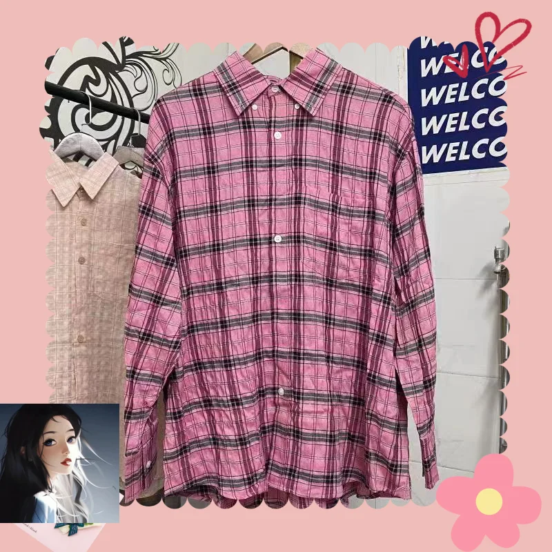 

Stripe Plaid Fold OUR LEGACY Pink Shirt V-shape Cllothing Men Women Best Quality Loose Fit Thin Long Sleeve Shirt Pockets Blouse