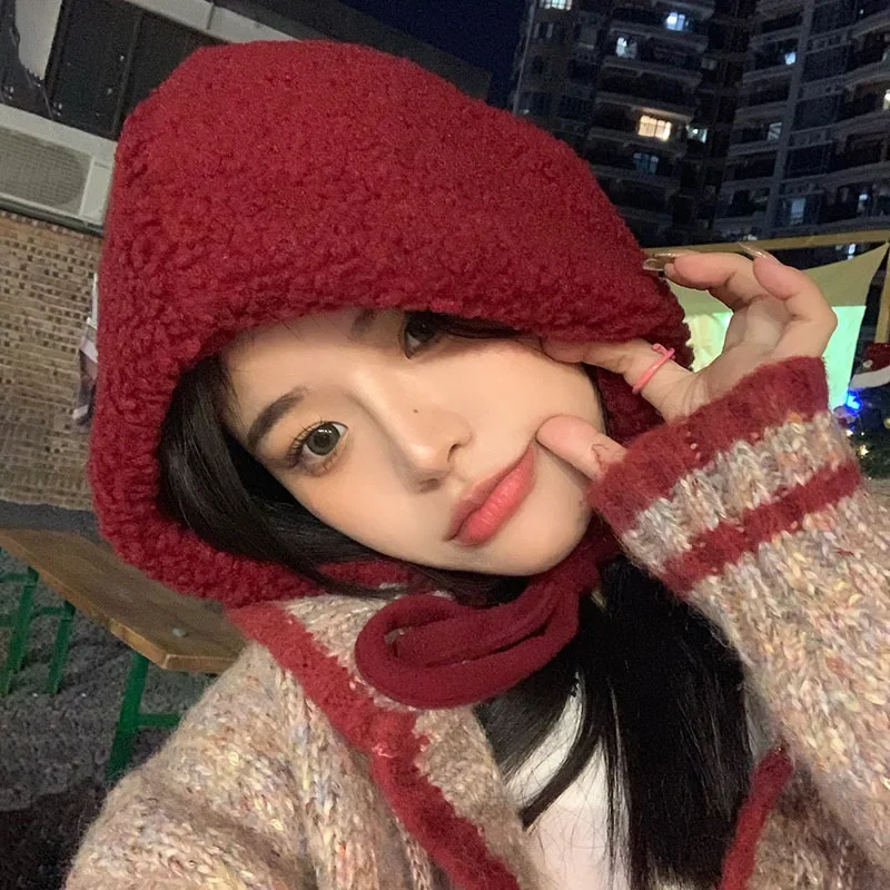 New Trend Red Ear Protection Hat Fleece Cute Beanie Cap Women Winter Warm Plush Lacing Strap Hats Casual All-match Bomber Caps