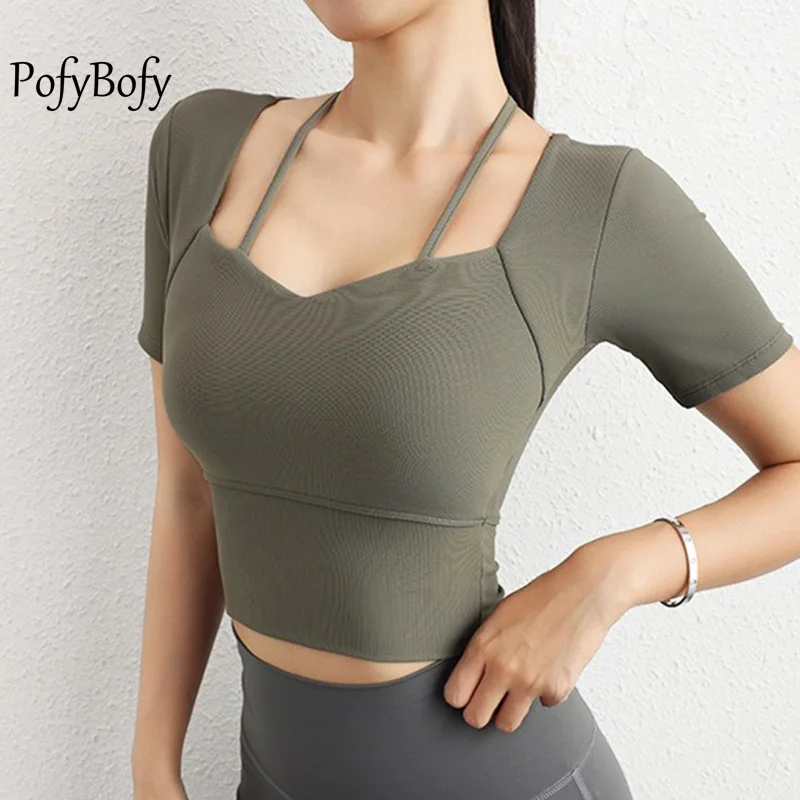 PofyBofy Halter Neck Removable Padded Widen Waistband Slimming Fit Short Sleeve Seamless Sportswear Yoga Fitness Shirt Crop Top