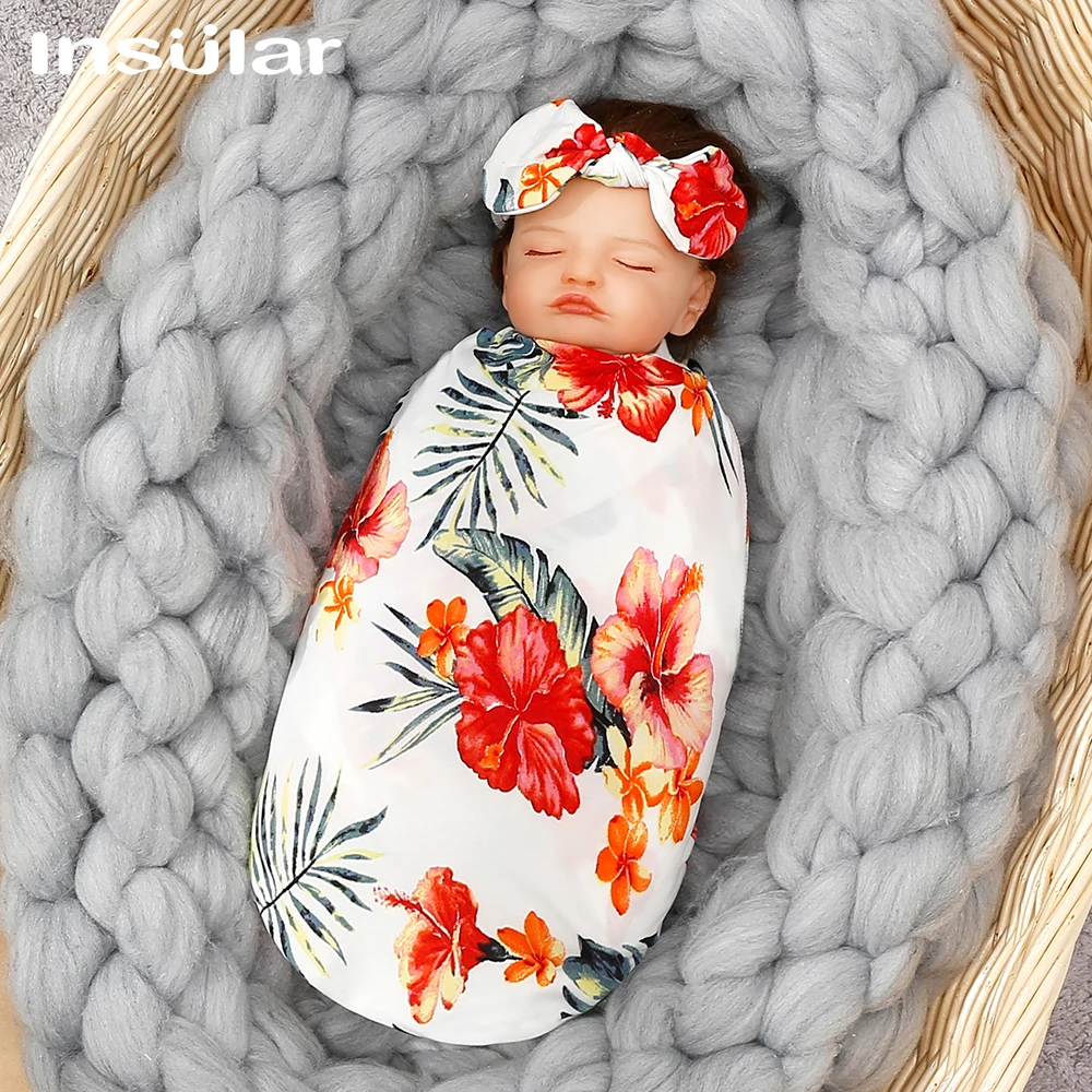 INSULAR Newborn Swaddle Wrap: Swaddle+Baby Cap+Hair Band Baby Infant Blanket Quilt Print Sheet Towel Cotton 4 Seasons 3Pcs/Set