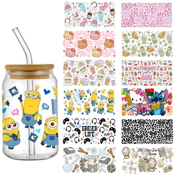 Multielemento 16oz uv dtf copo bonito envoltório dos desenhos animados libbey vidro pode copo transferência adesivos adesivo permanente à prova dwaterproof água