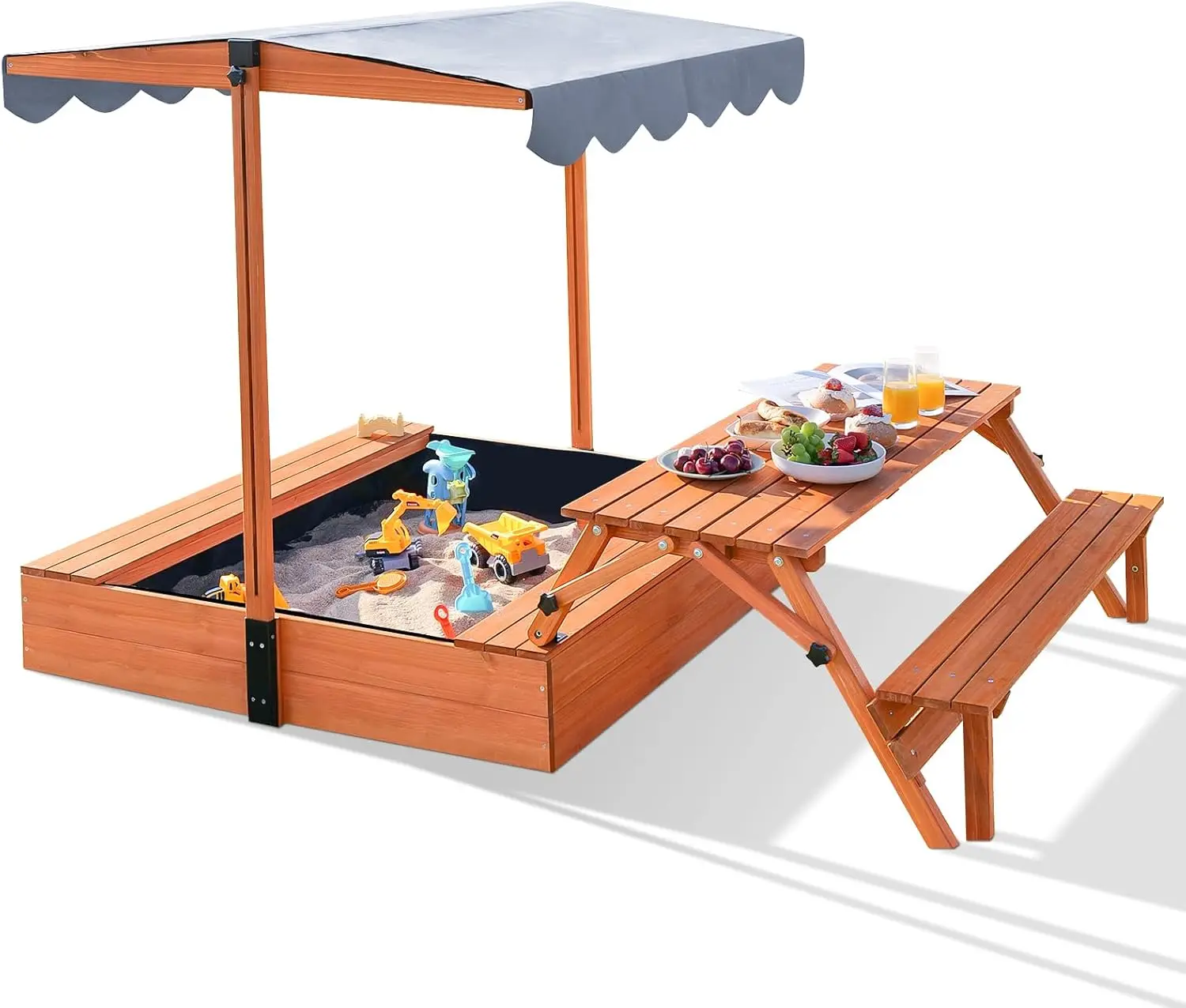 

Sandbox with Lid, Kids Sandbox with Foldable Picnic Table, Sand Box with Cover Upgrade Retractable Roof, Children Outdoor Wooden