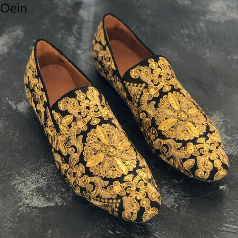 Mens Gold Embroidery Dress Wedding Shoes Nightclub Party Pumps Loafers Wingtip Plus Size New 2023