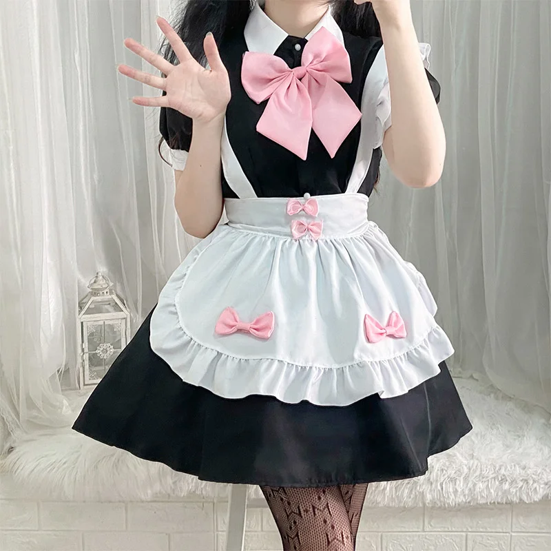 

Kawaii Pink Bow Lolita Uniform Cosplay Costume Black Maid Dress Japanese Anime Cute Girl Set Anchor Performance Bunny Outfit