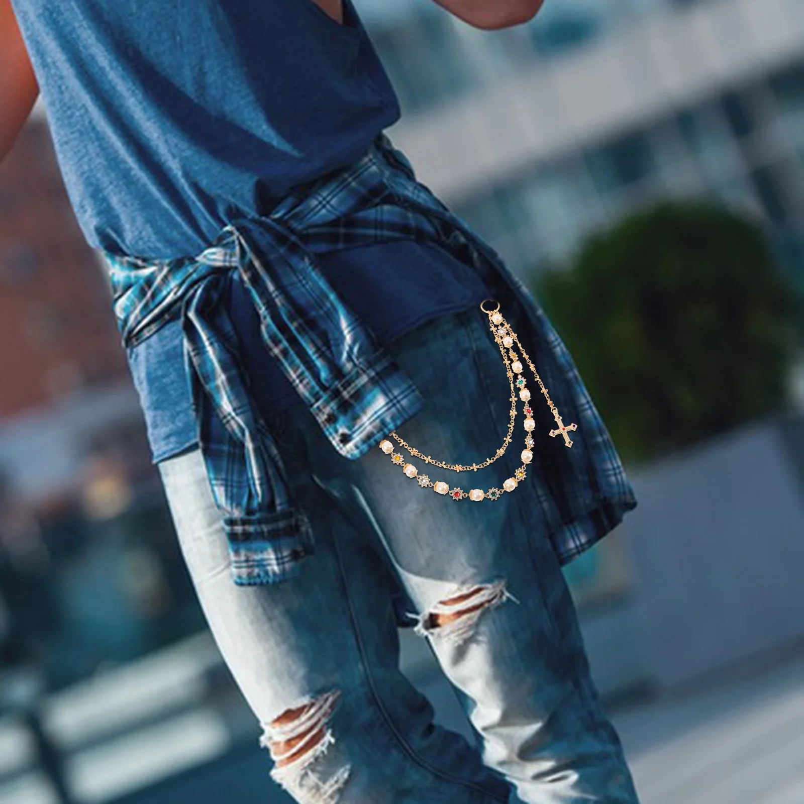 

Pearl Pants Chain Men Hip Hop Waist Cross Pendant Fashion Belt Chain Casual Layered Jeans Jewelry Trendy Accessory