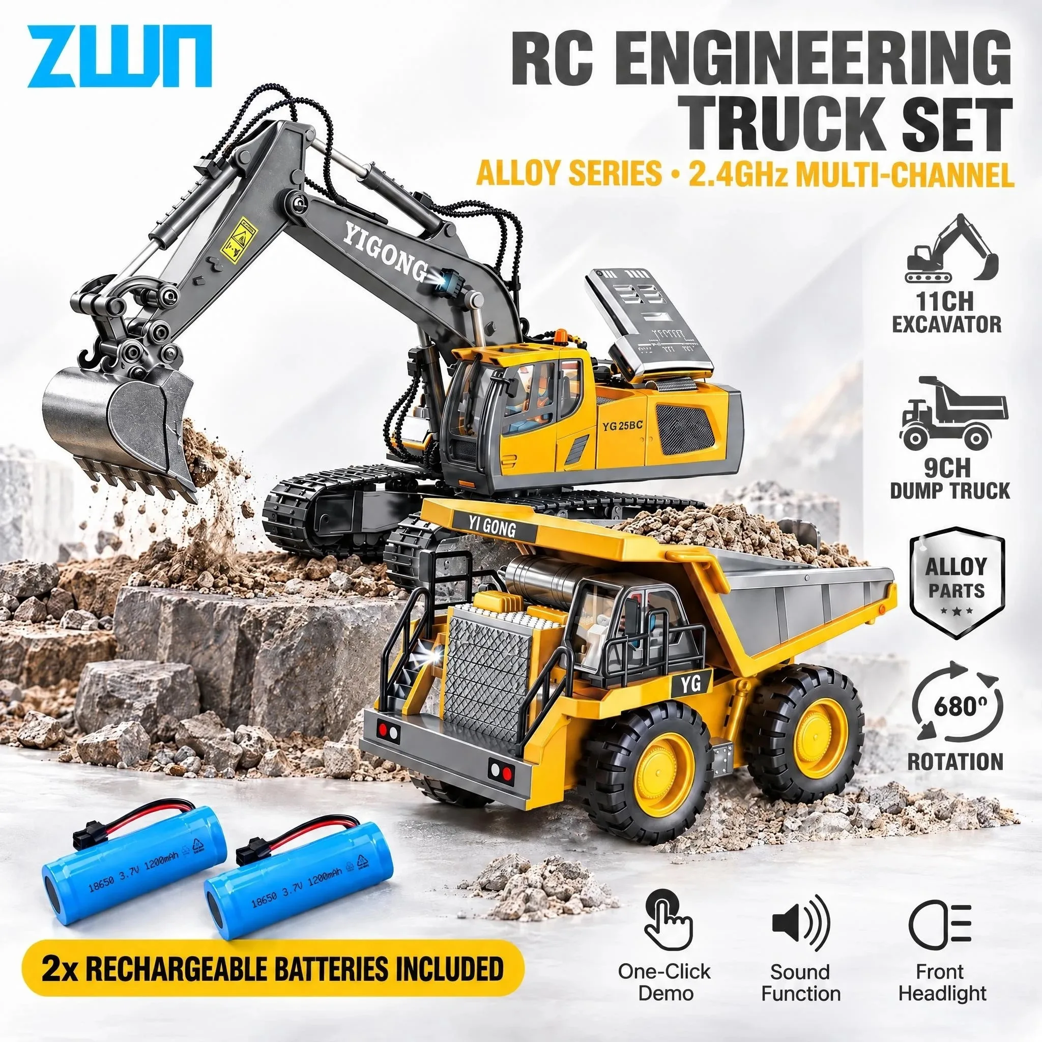 ZWN 2,4G Ferngesteuerter Bagger-Muldenkipper RC-Modellauto Spielzeug Professionelles Legierungs-Kunststoff-Simulations-Baufahrzeug als Geschenk für Kinder