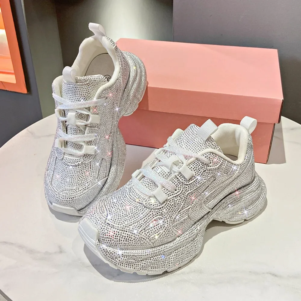 Full Star Rhinestone Thick Sole Daddy Shoes Women 2024 Rhinestone Fashion Casual Sports Shoes Soft Sole Ventilated Women's Shoes