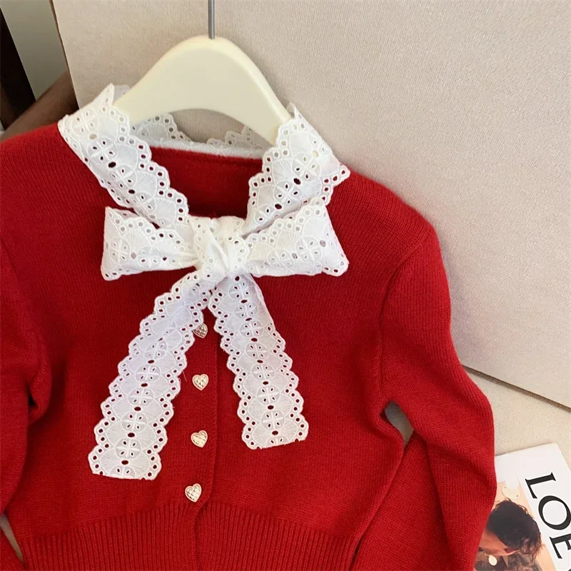 Christmas Party Red Sweater Autumn/Winter New Sweet Lace Bow Tie Love Button Long Sleeves Short Knitted Shirt Top Women