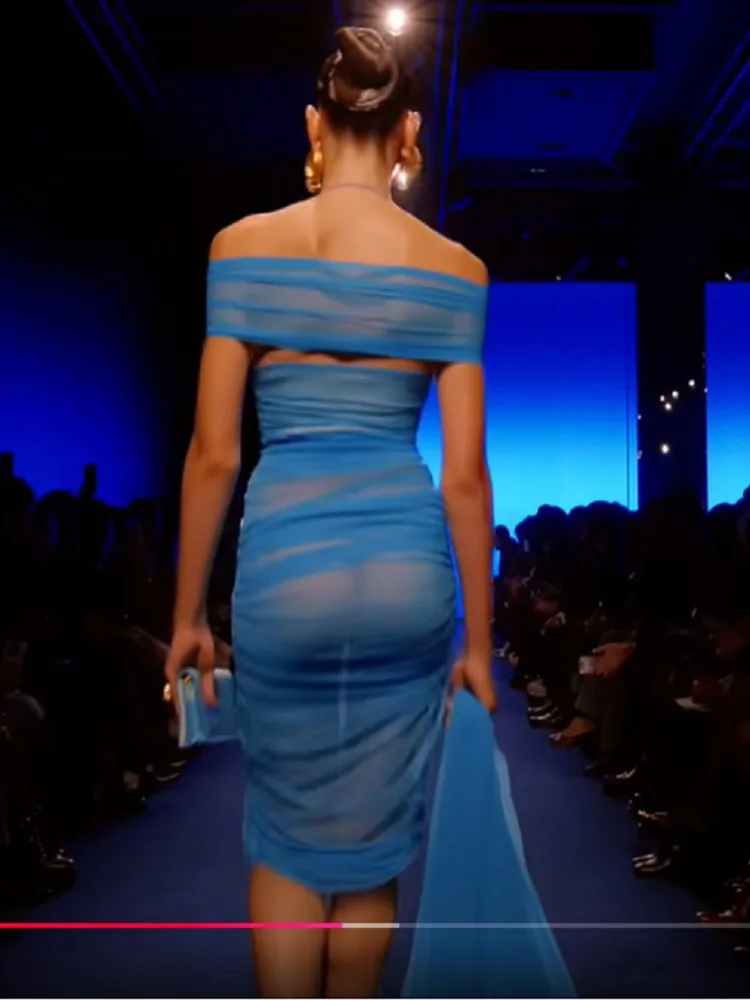 2025 Frauen Promi Sexy Liebsten Mesh Geraffte Blau Midi, Figurbetontes Kleid Elegante Abend Club Party Outfit