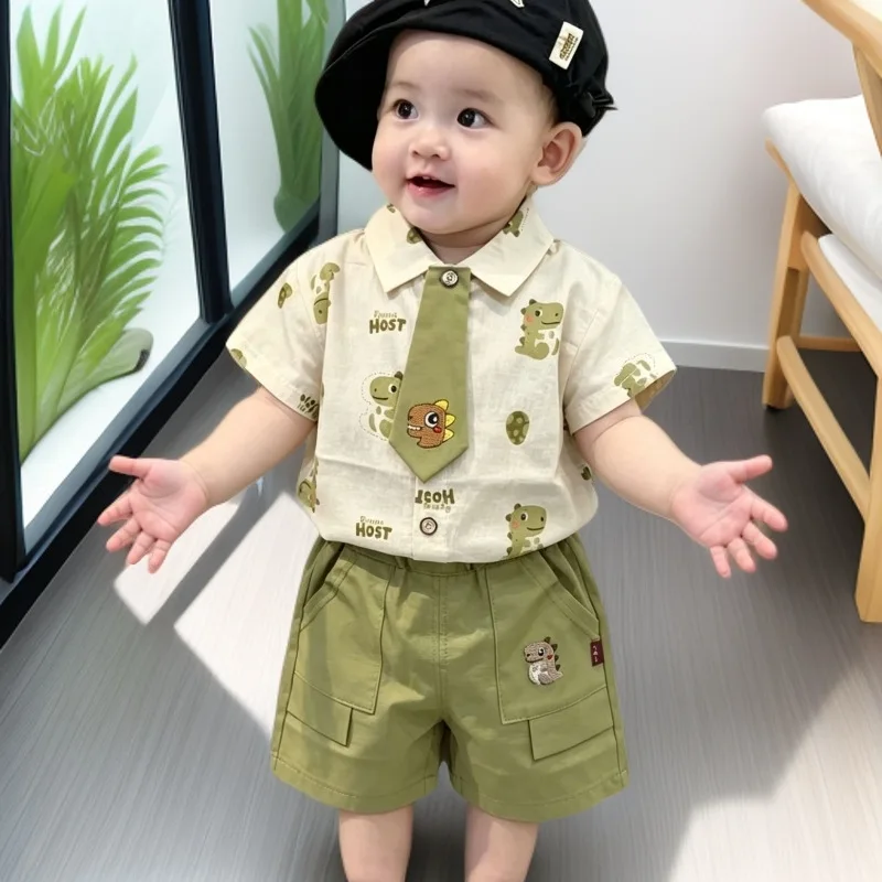 Trendy Streetwear Baby Boys Dinosaur 2Pcs Outfit Short Sleeve Shirt With Tie + Cargo Shorts Handsome Toddler Summer Clothes Set