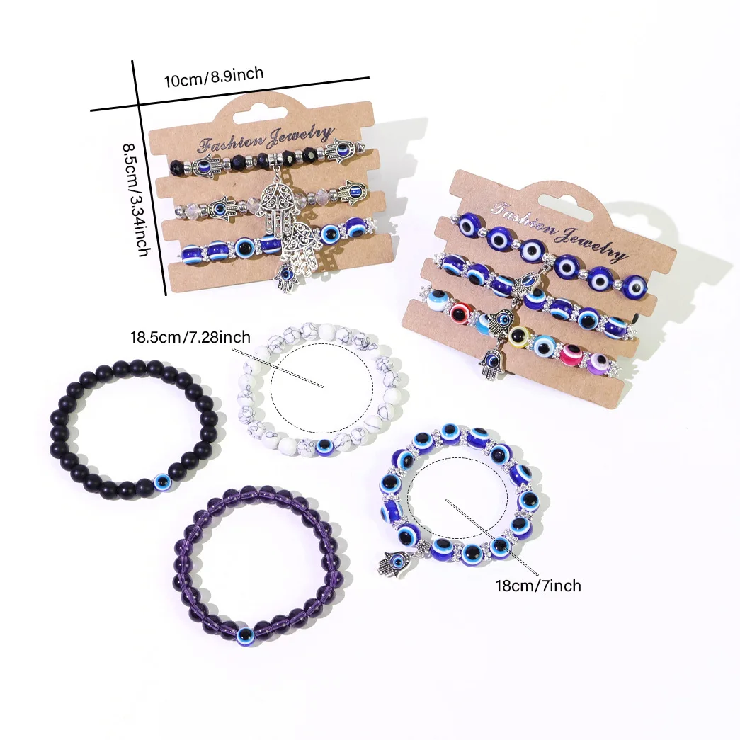 6sets Turkish Blue Evil Eye Fatima Palm Charms Bracelet Sets Card Lucky Women Colorful Crystal Bead Elastic Chain Bangle Jewelry