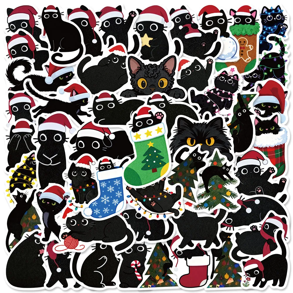 50 قطعة ملصقات القطة السوداء اللطيفة kawaii عيد الميلاد القط الشارات للهاتف المحمول حقيبة دفتر سكيت ملصقات مقاومة للماء #1