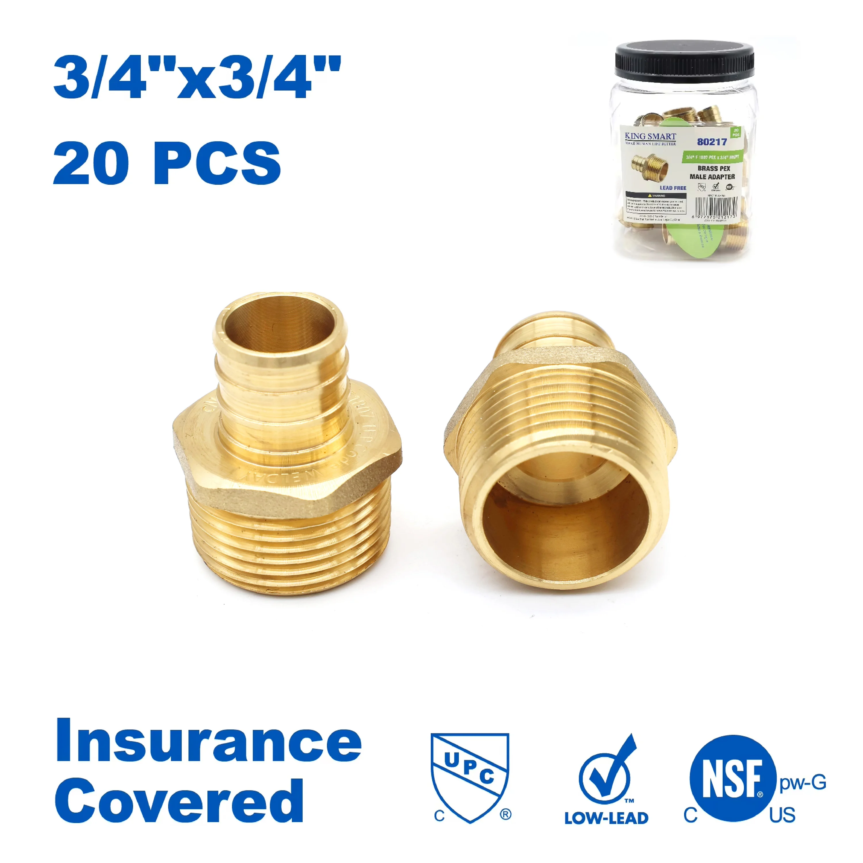 

KING SMART 3/4" обжимной/F1807 PEX * прямой штекерный адаптер NPT 3/4"; бессвинцовая латунь; 20 шт./корпус; 80217