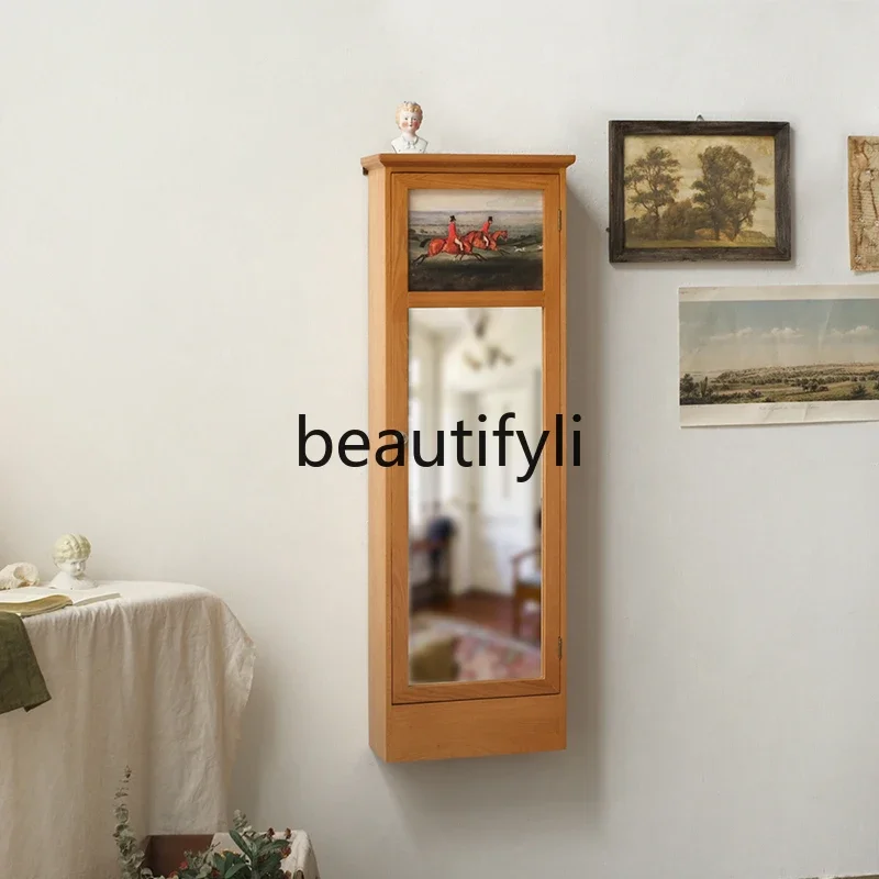 Solid wood full-length mirror jewelry storage cabinet integrated wall-mounted retro entrance cabinet with mirror whole body