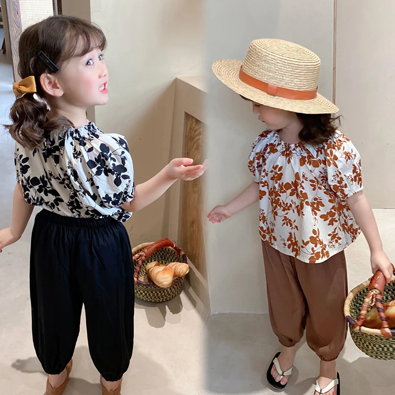 Summer Girl T-shirt Suits Korean Version Elastic Waist Solid Color Bloomers Or Printing Puff Seeve T-shirt Girls Baby Casual Top